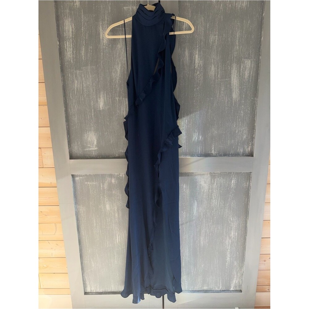 Kourt Navy Ruffle Halter Cutout Maxi Dress Open Back High Slit NWT Size S - Picture 4 of 13